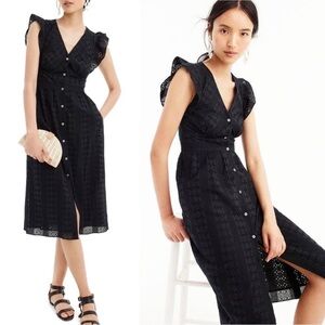 Jcrew ruffle sleeve eyelet dress button front black cotton midi black Size 10